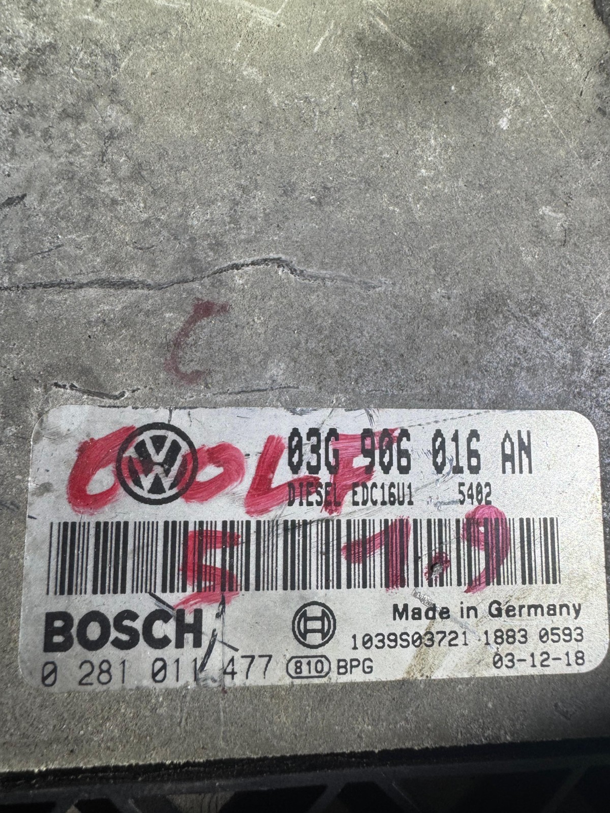 03G906016AN Bosch EDC16U1 0281011477 VW Audi Engine Control Unit ECU